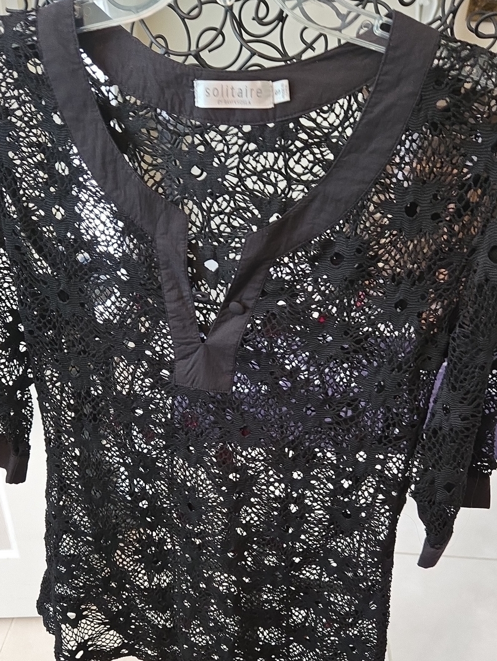 Solitaire Black Open Crochet V-Neck Tunic Beachcoverup Sz SM